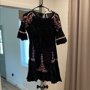Free People Black Mini Dress with Purple Embroidery